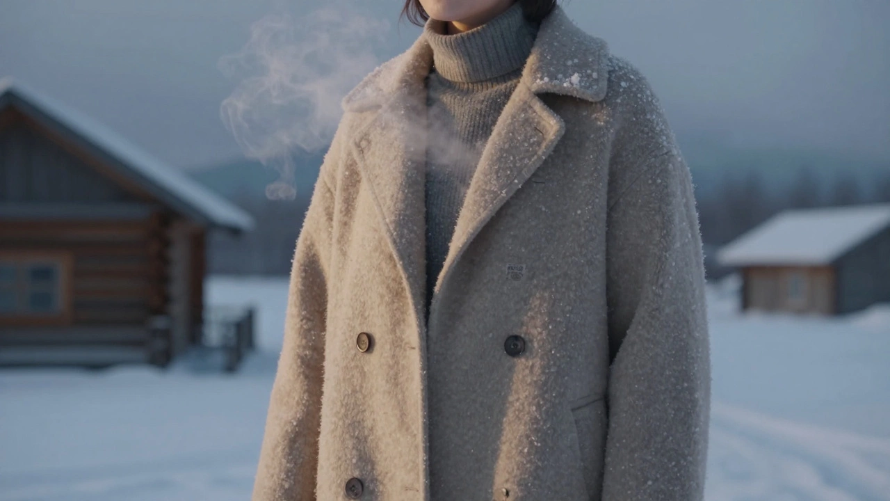 Человек в шерстяном пальто стоит в снежном ландшафте России, тепло парит от ткани.