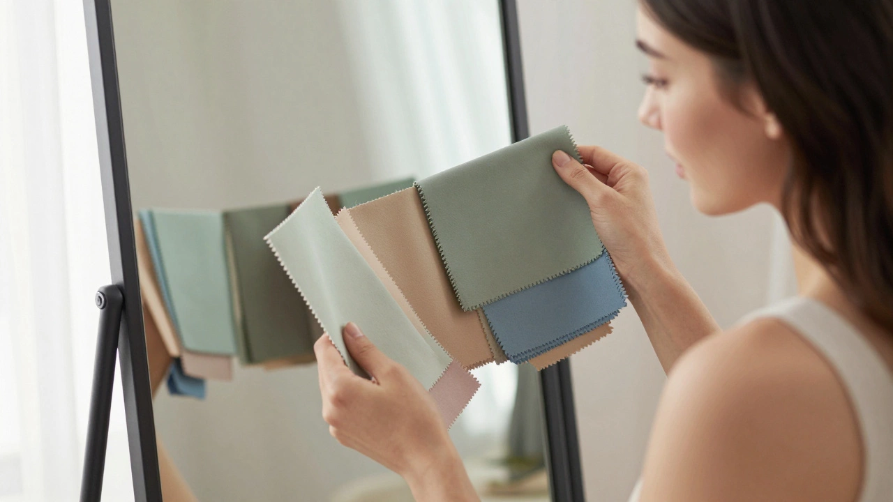 Девушка примеряет образцы тканей у зеркала для подбора тона