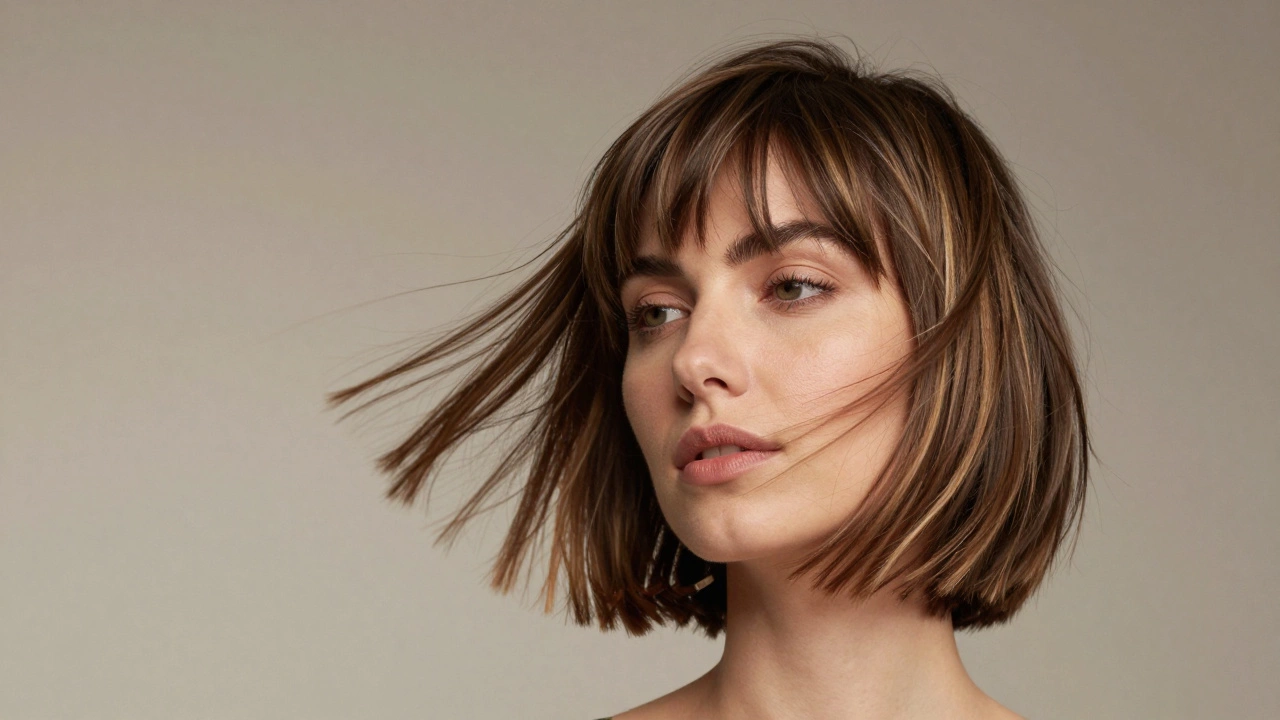 Короткая асимметричная стрижка с легким мелированием, создающая вертикальный акцент на лице.