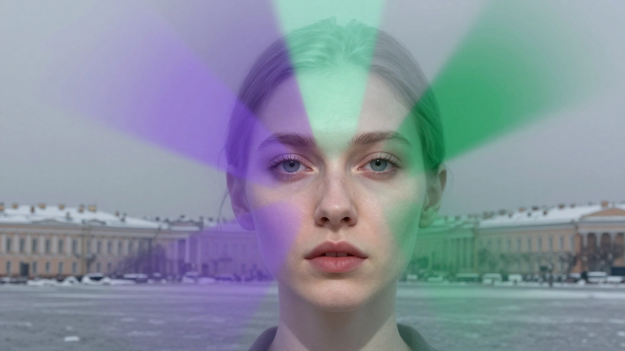 Лицо, озаряемое пятью цветами, которые визуально освежают кожу на фоне зимнего петербургского тумана.