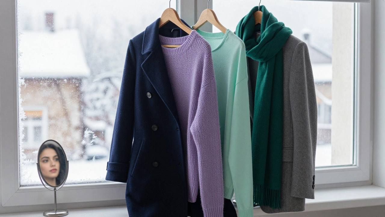 Минималистичный зимний гардероб из пяти цветов: темно-синий, лавандовый, мятный, холодный серый и темно-зеленый.