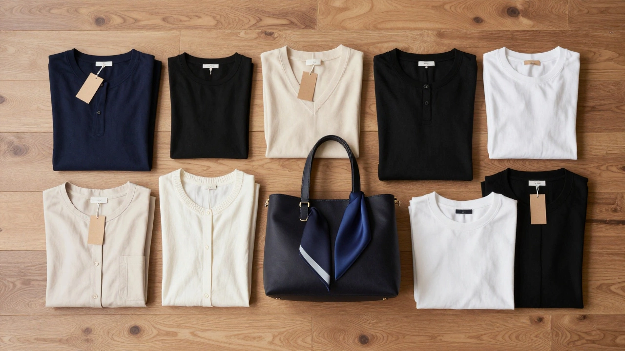 Нейтральный капсульный гардероб аккуратно сложен с одним аксессуаром