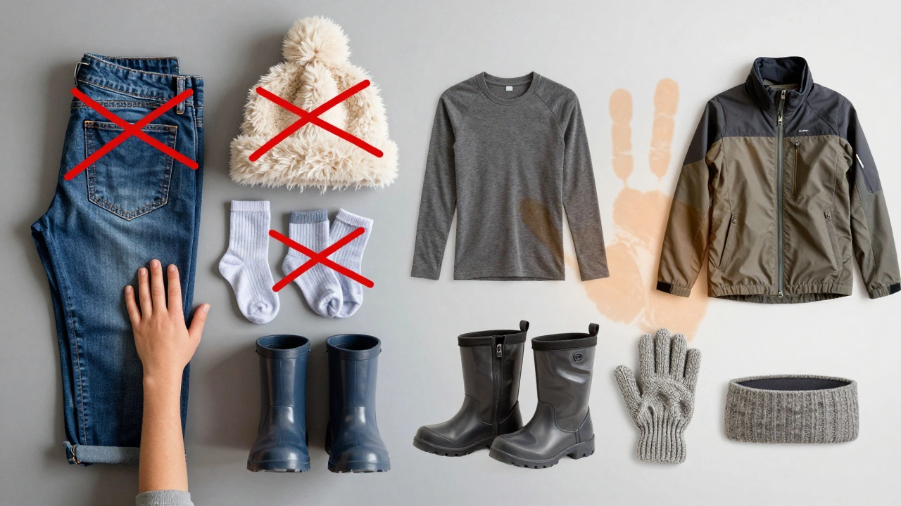 Неправильная и правильная детская зимняя одежда: перечеркнутые вещи рядом с правильно подобранными слоями.