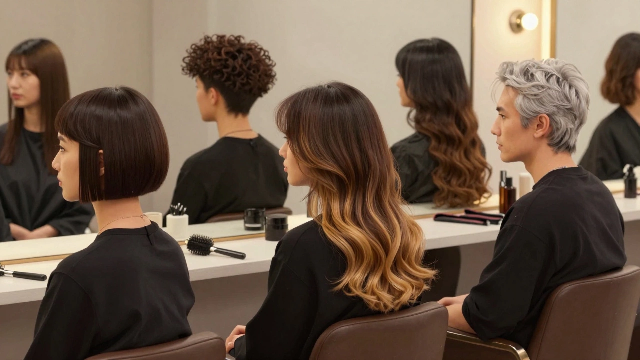 Разнообразная группа людей с современными стрижками 2024 года в салоне.