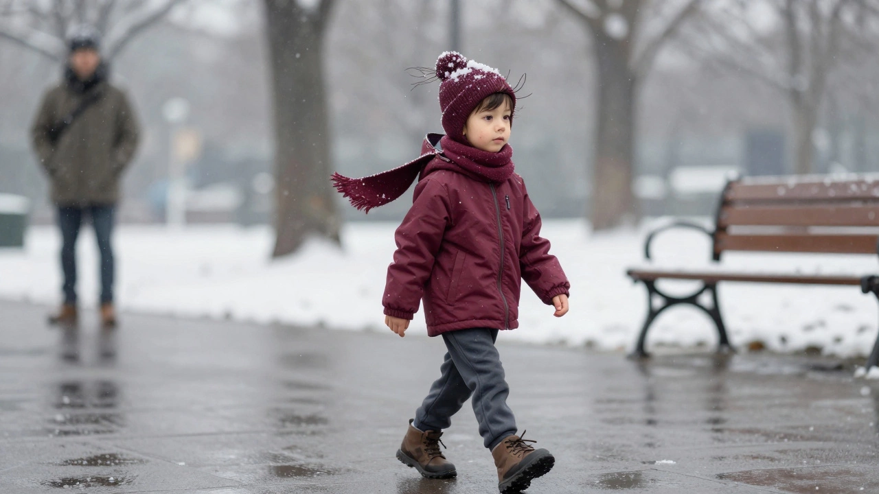 Ребенок гуляет при +2°C в правильной трехслойной одежде: термобелье, флис и ветрозащитная куртка, на улице легкий снег и ветер.
