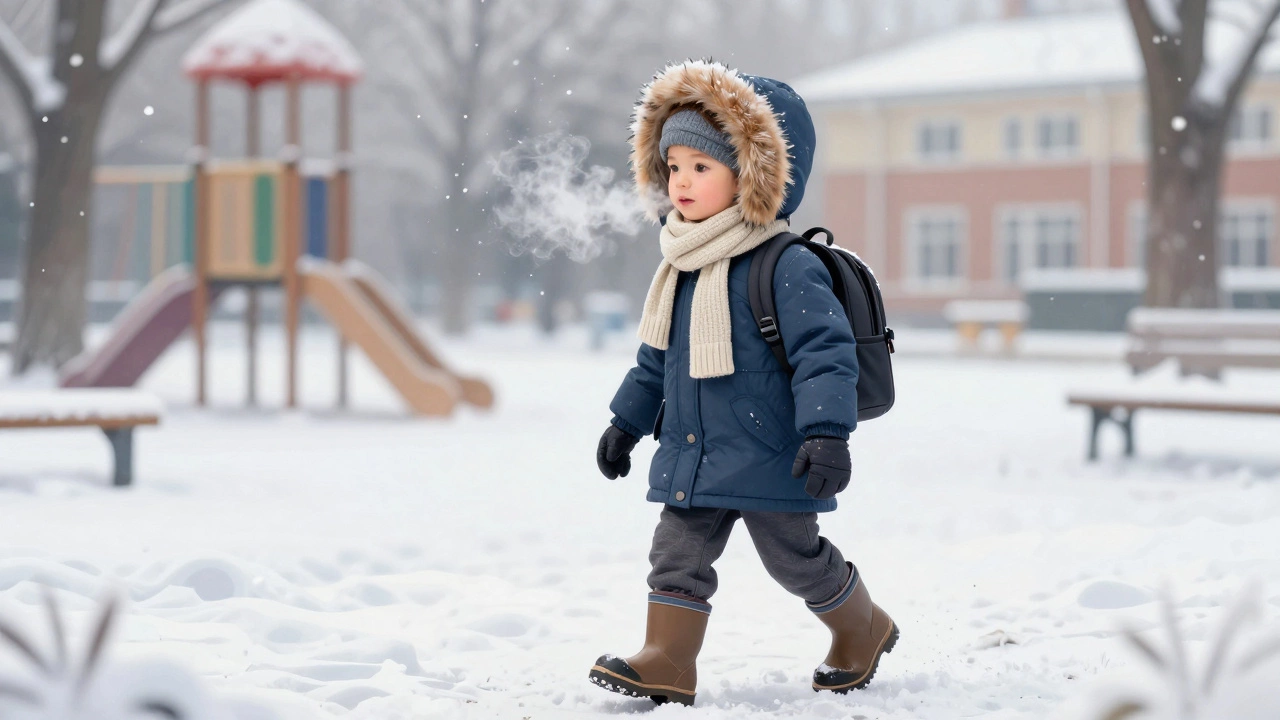 Ребенок идет в школу зимой в правильной многослойной одежде с шапкой, варежками и шарфом.