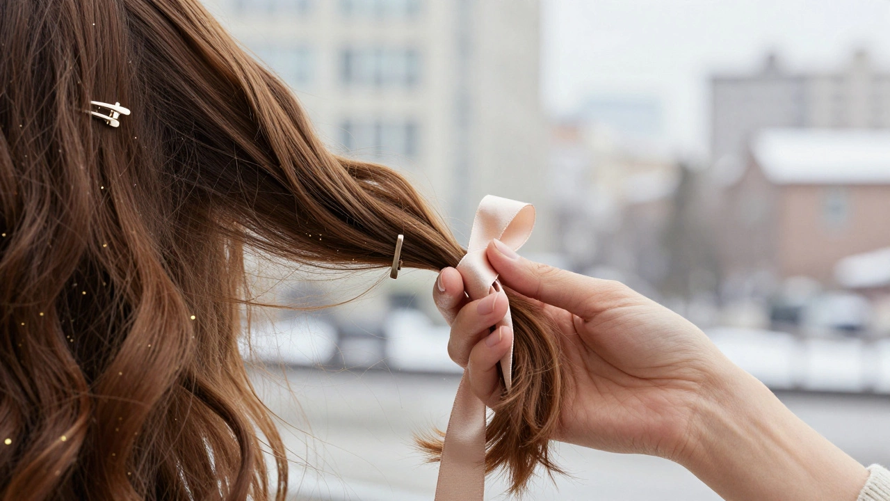 Рука держит шелковую ленту, заплетенную в волнистые волосы, с золотистыми бликами.