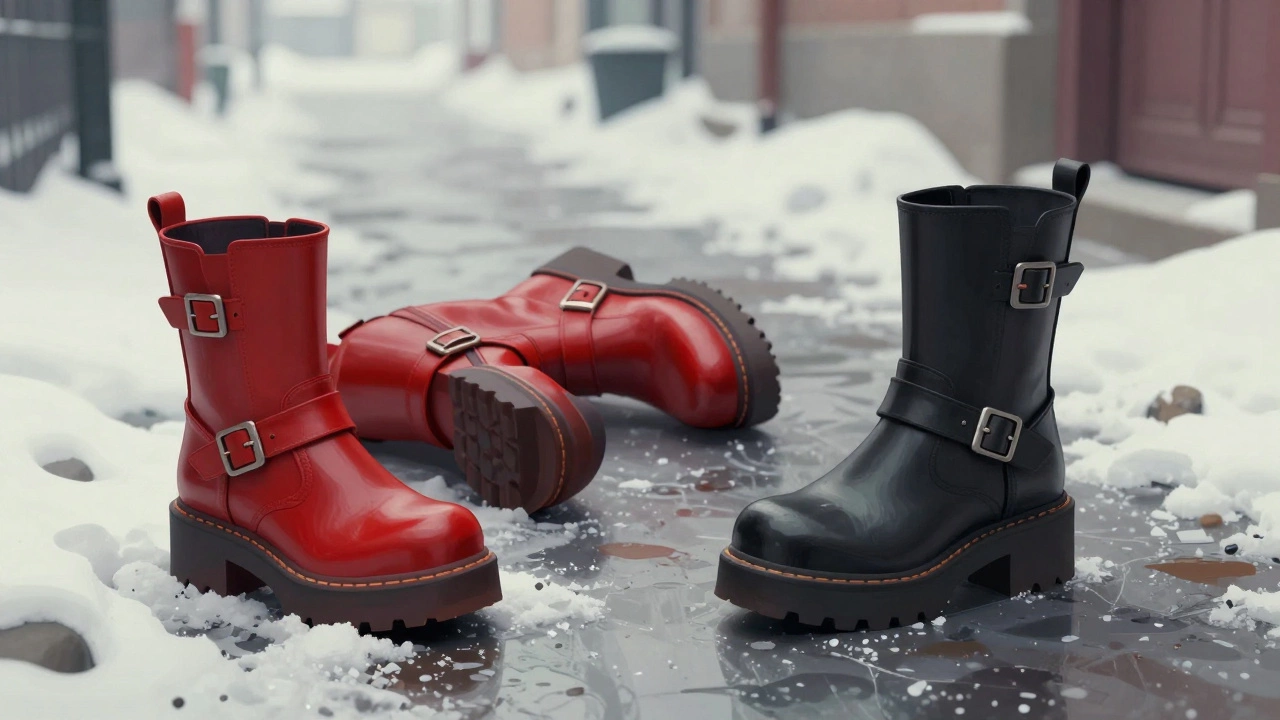 Сброшенные устаревшие сапоги с блестящей кожей и массивными деталями лежат в снегу рядом с современной парой.