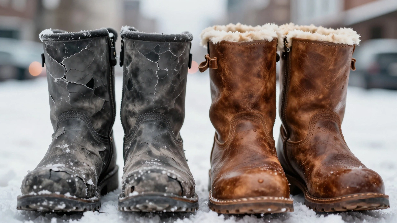 Сравнение старой синтетической кожи и натуральной кожи с текстурой — обувь в условиях зимнего холода.