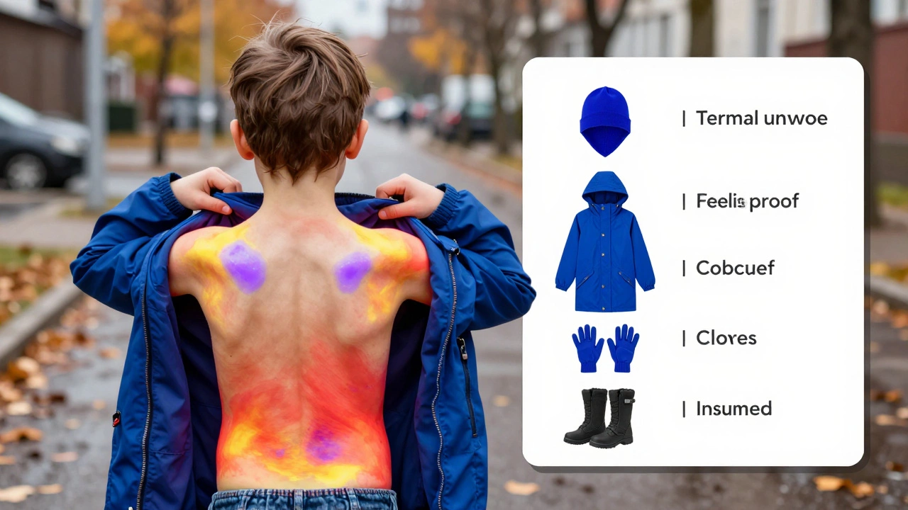 Тепловизионное изображение холодных и теплых зон на спине ребенка, рядом — список необходимой одежды для холодной погоды.