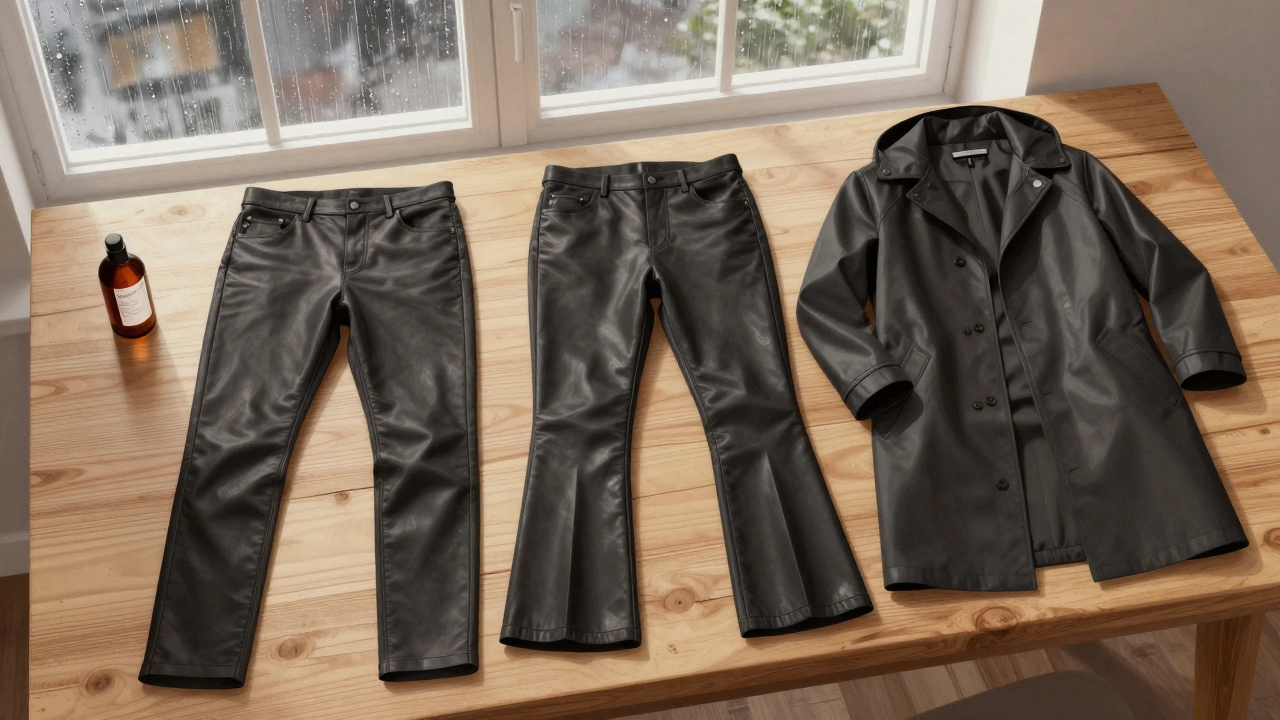 Три модели кожаных брюк на деревянном столе рядом с дождевиком и средством для ухода за кожей, освещённые мягким дневным светом.