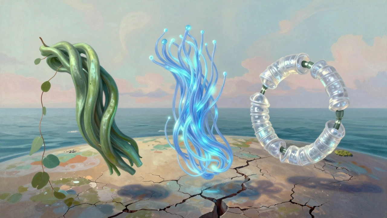 Три волокна — из эвкалипта, водорослей и переработанного пластика — парят в воздухе над землей и океаном.