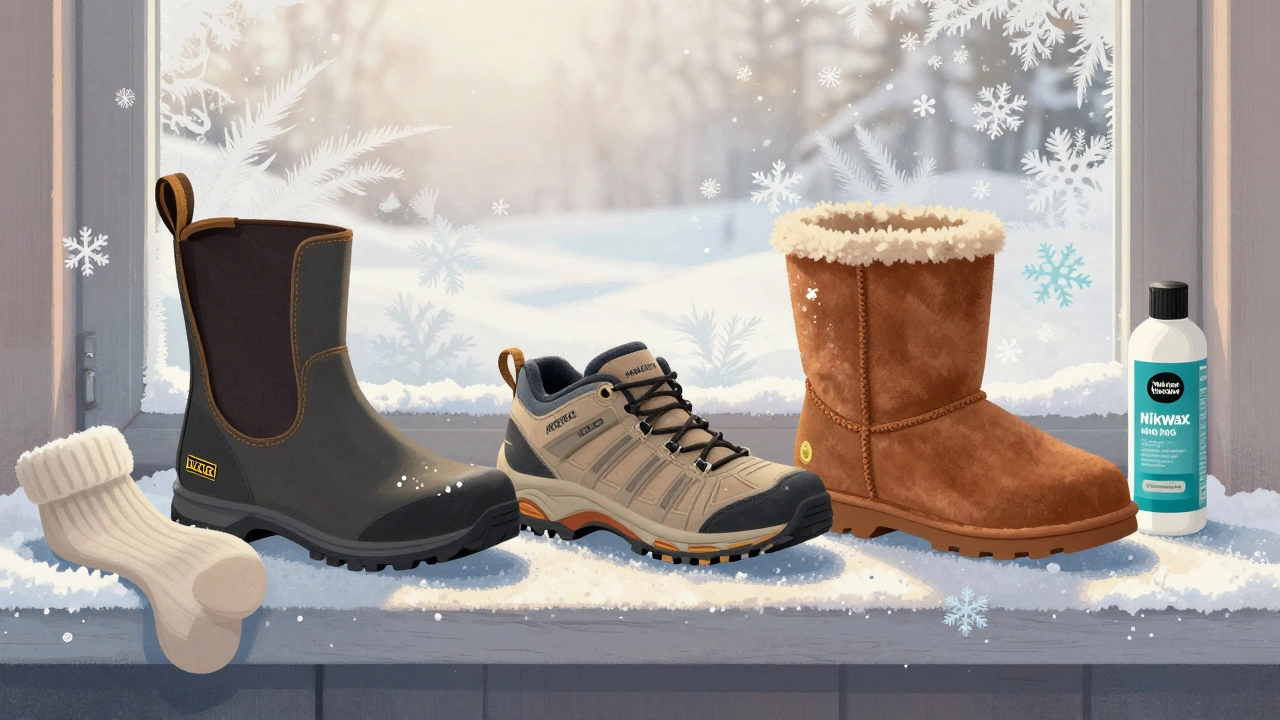 Три зимних ботинка на подоконнике с инеем: Blundstone, Merrell и Uggs, рядом — носок и средство для ухода, утренний свет.