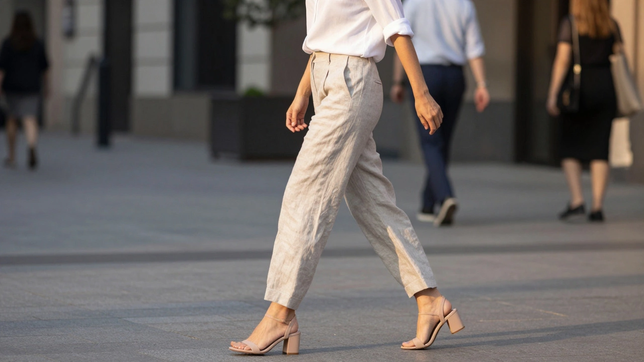 Женщина в брюках из льна и бежевых босоножках прогуливается по городу