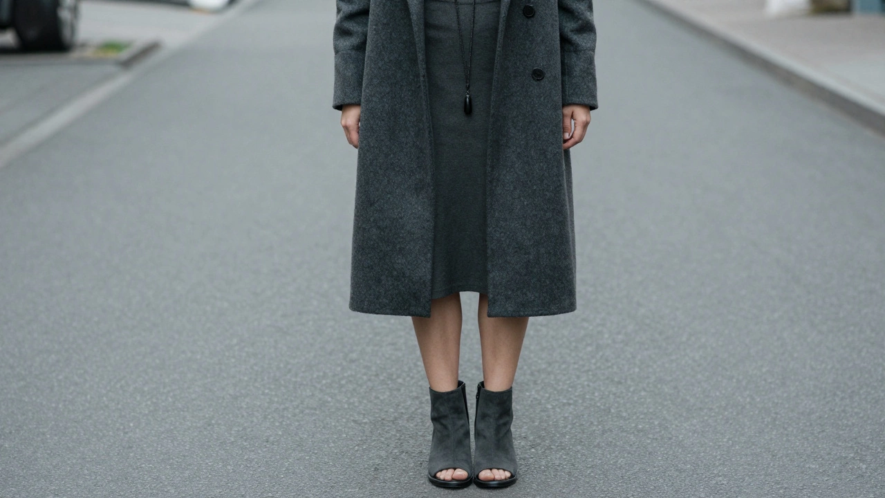 Женщина в пальто до середины бедра с высокой юбкой и обувью одного цвета, без визуальных разрывов.