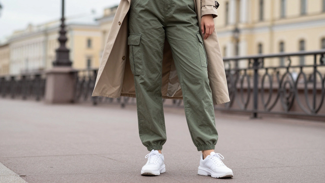 Девушка в оливковых брюках-карго и бежевом тренче на городской прогулке