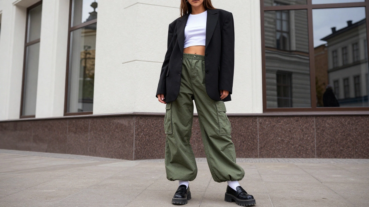 Девушка в широких брюках карго и структурированном черном жакете в Москве