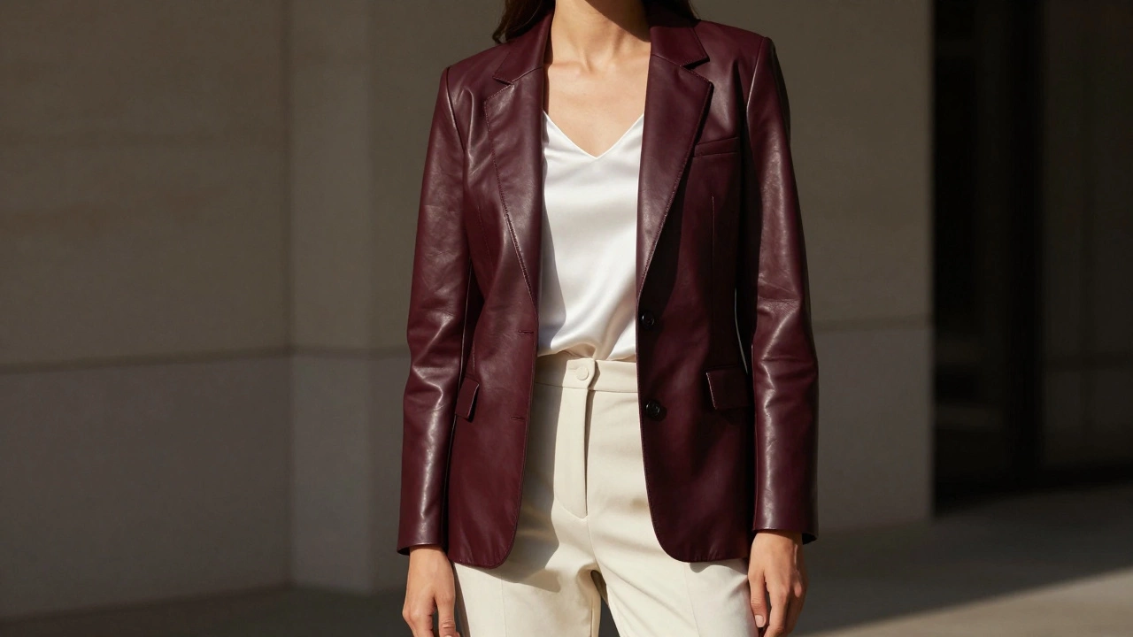 Элегантный образ с бордовым кожаным пиджаком и светлыми брюками