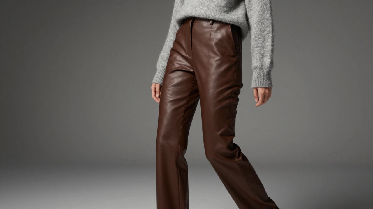 Коричневые кожаные брюки с серым кашемировым свитером в минималистичном стиле