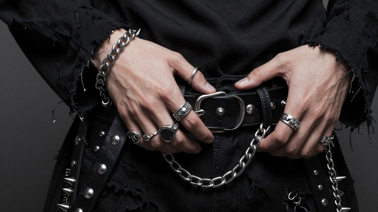 Крупный план серебряных цепей и аксессуаров в стиле дарк-фэшн