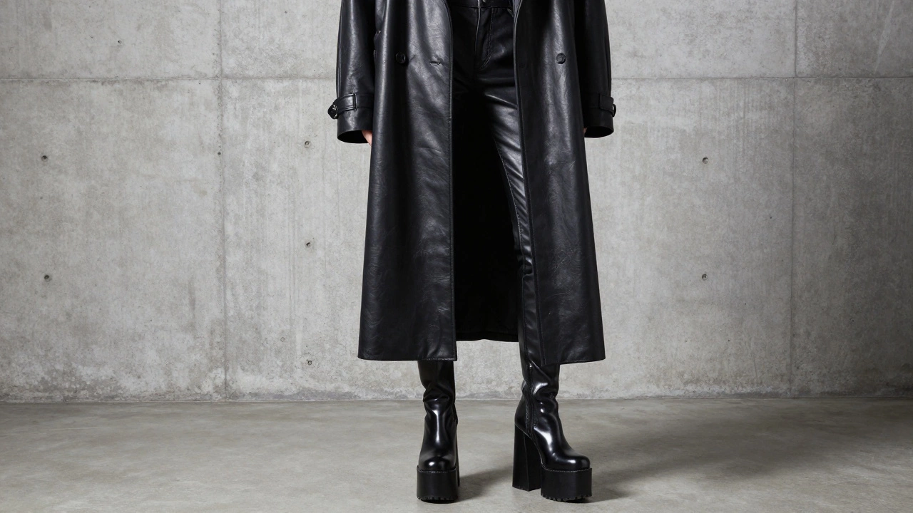 Модель в огромном кожаном пальто и массивных ботинках на платформе