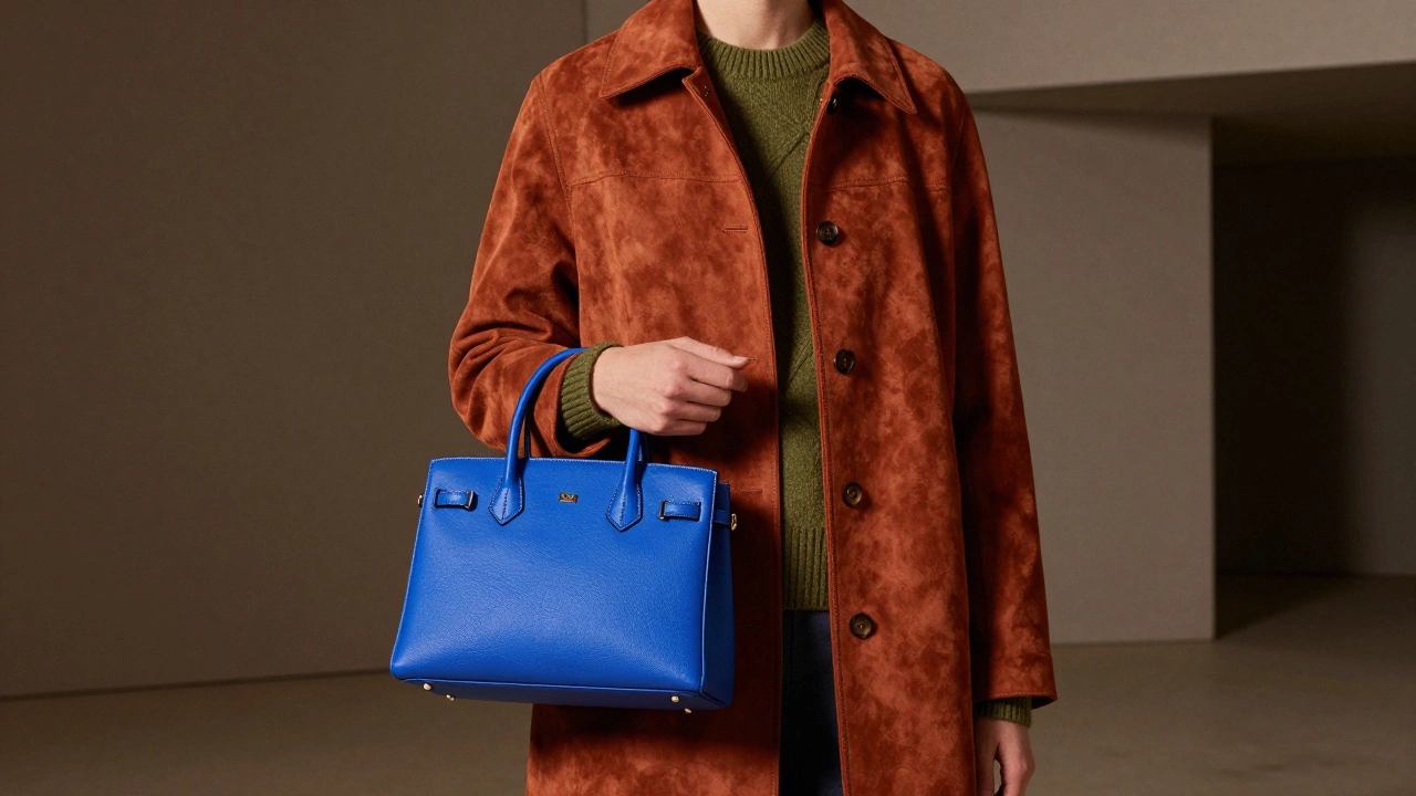 Модель в терракотовом жакете с ярко-синей сумкой на минималистичном фоне