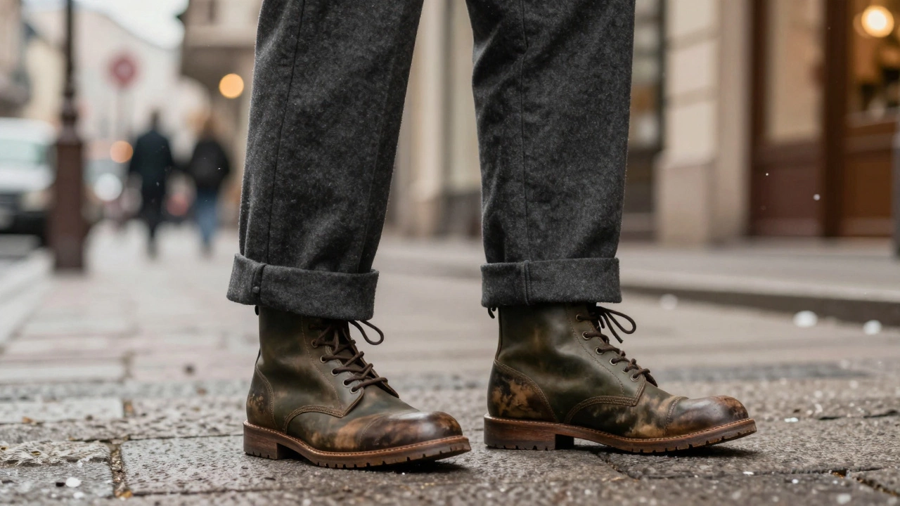 Мужчина в винтажных кожаных ботинках на шнуровке и широких брюках на зимней улице