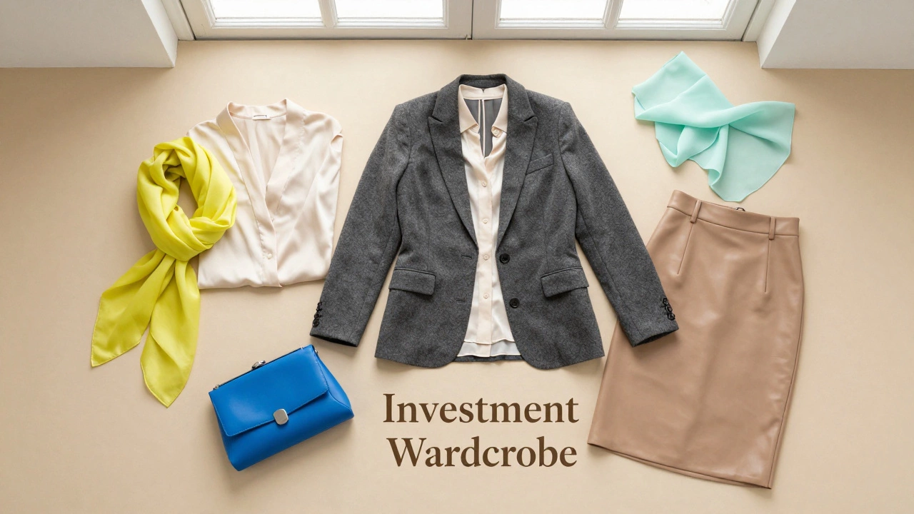 Раскладка базовой одежды бежевых тонов с яркими модными аксессуарами