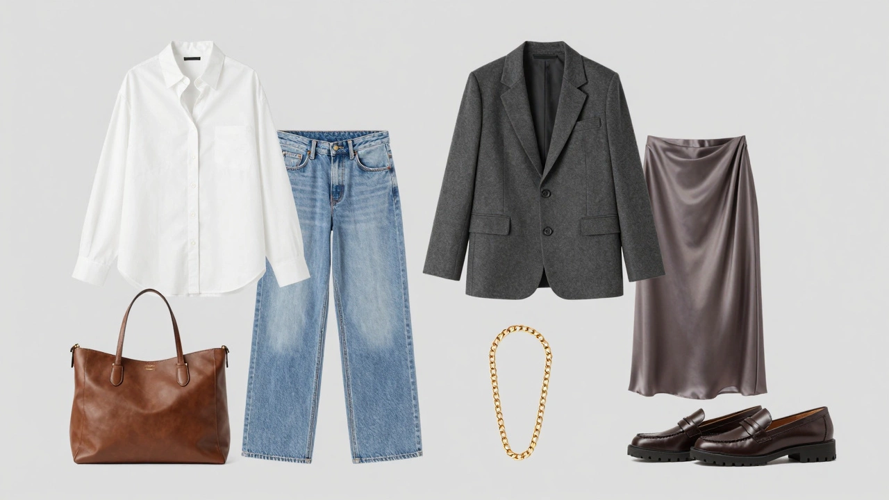 Раскладка капсульного гардероба с базовыми вещами и аксессуарами на сером фоне