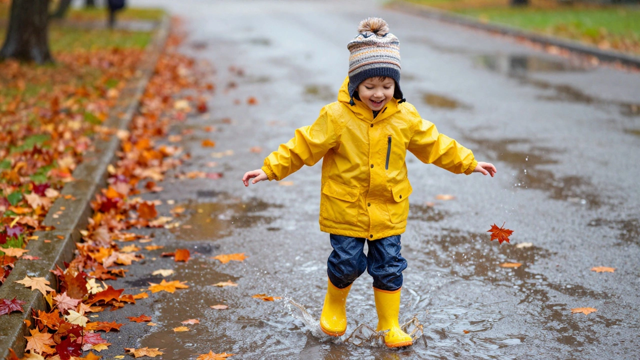 Ребенок в желтой мембранной куртке и резиновых сапогах прыгает по лужам осенью