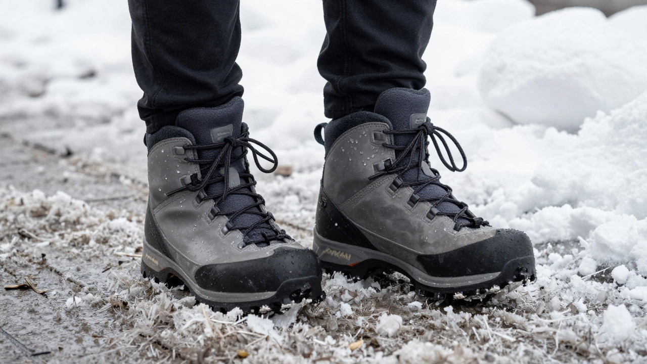 Зимние ботинки Gore-Tex в слякоти и талом снегу на городской улице