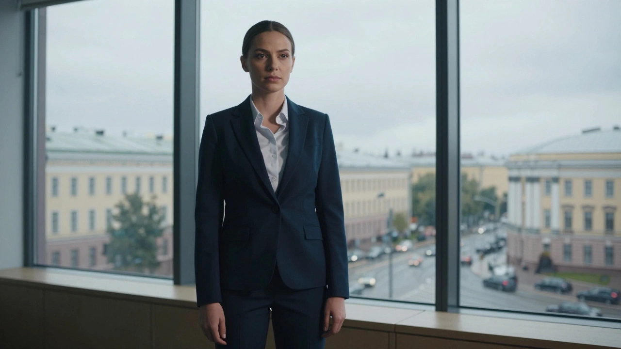 Деловой человек в темно-синем костюме на фоне современного офиса